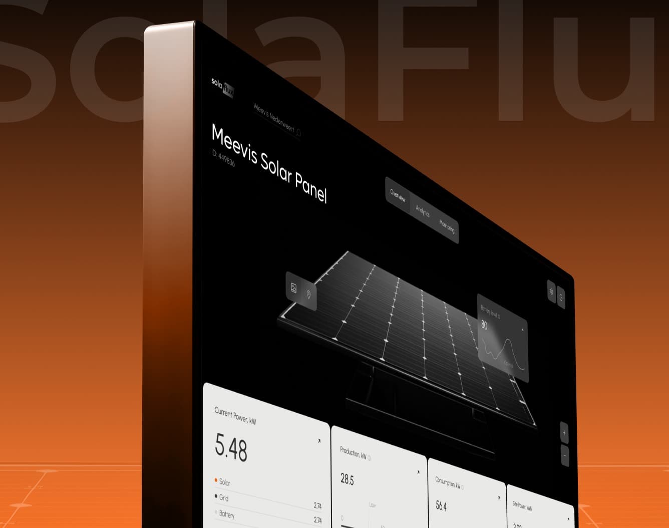 Screenshot of the Solaflux solar energy SaaS app UI design on a smartphone.